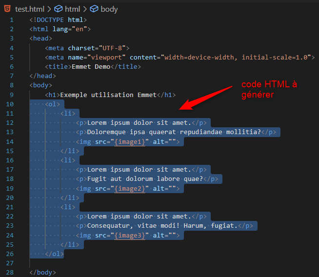 code HTML à générer avec Emmet