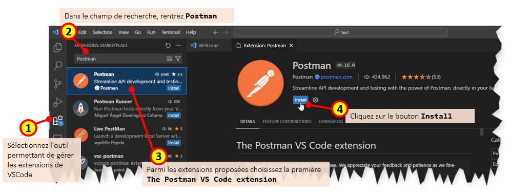 installation de l'extension Postman pour VS Code