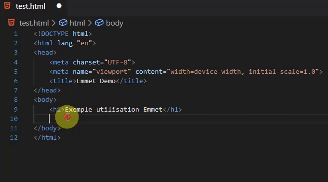 emple utilisation emmet dans VSCode