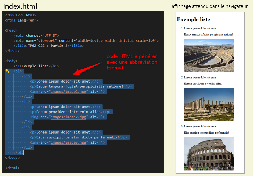 code HTML à générer avec Emmet